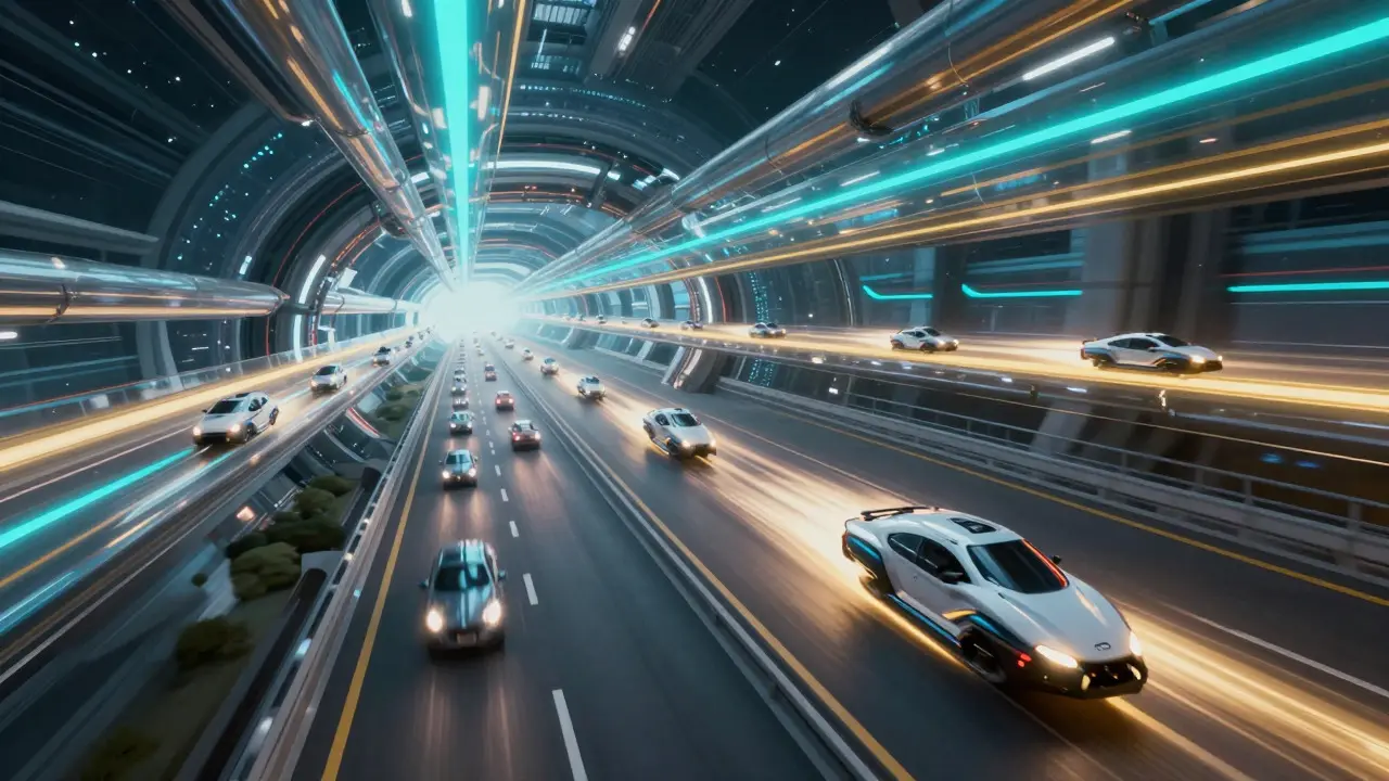 Fast light-speed shuttles on orbital transit lanes above the main highway representing Layer 2