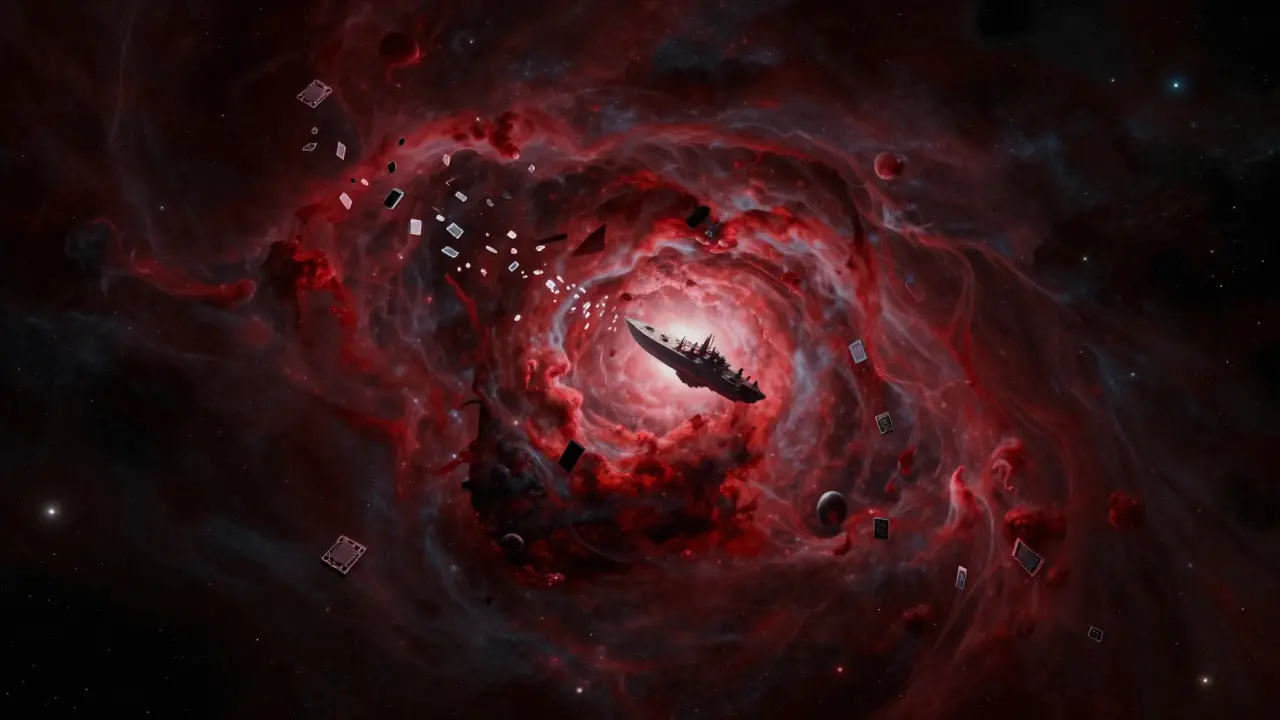Fragile spaceship trading with a shadowy nebula, representing unverified market risks