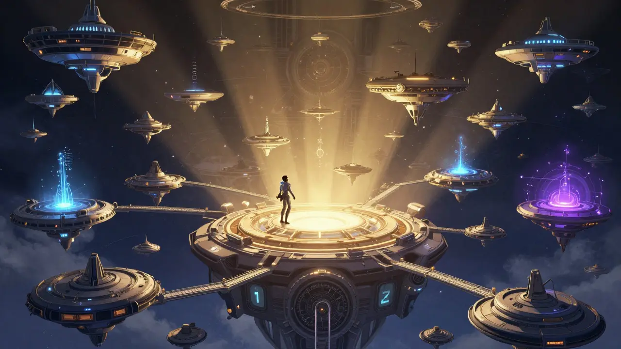 Fragmented orbital platforms connected by light bridges surrounding a central secure vault