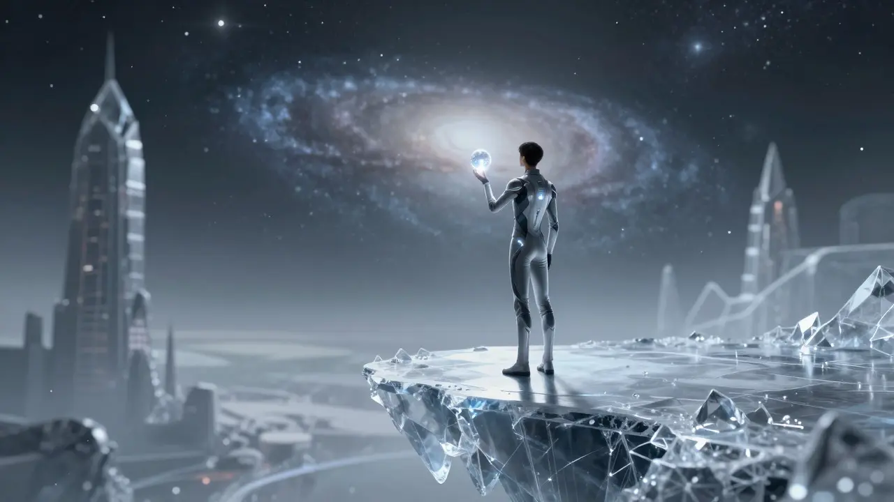 Futuristic figure holding a small light orb on an ice platform overlooking a distant galaxy in a starry void
