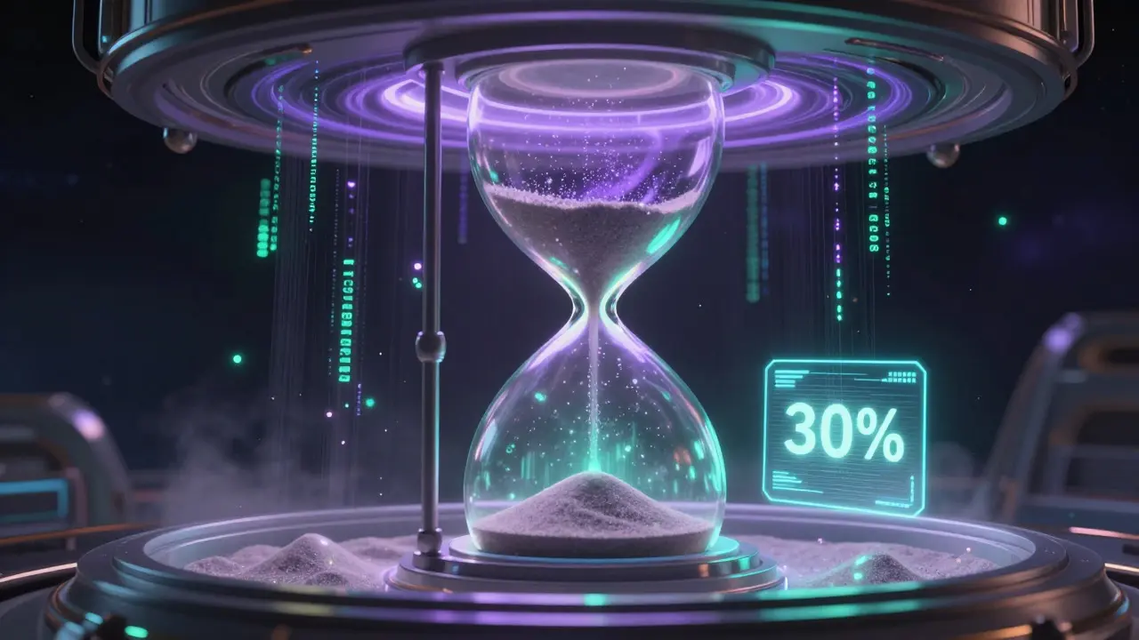 Futuristic hourglass visualizing the linear vesting schedule of NUUM tokens in space.