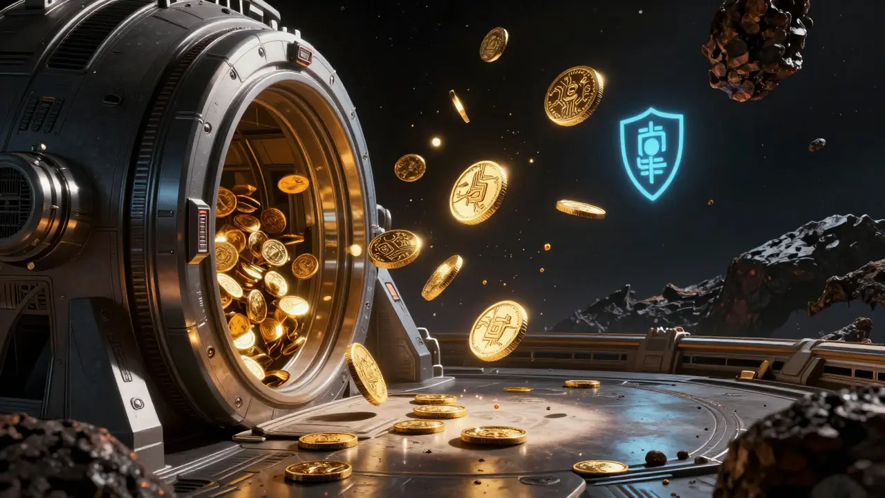 Golden crypto tokens floating near a shielded spaceship