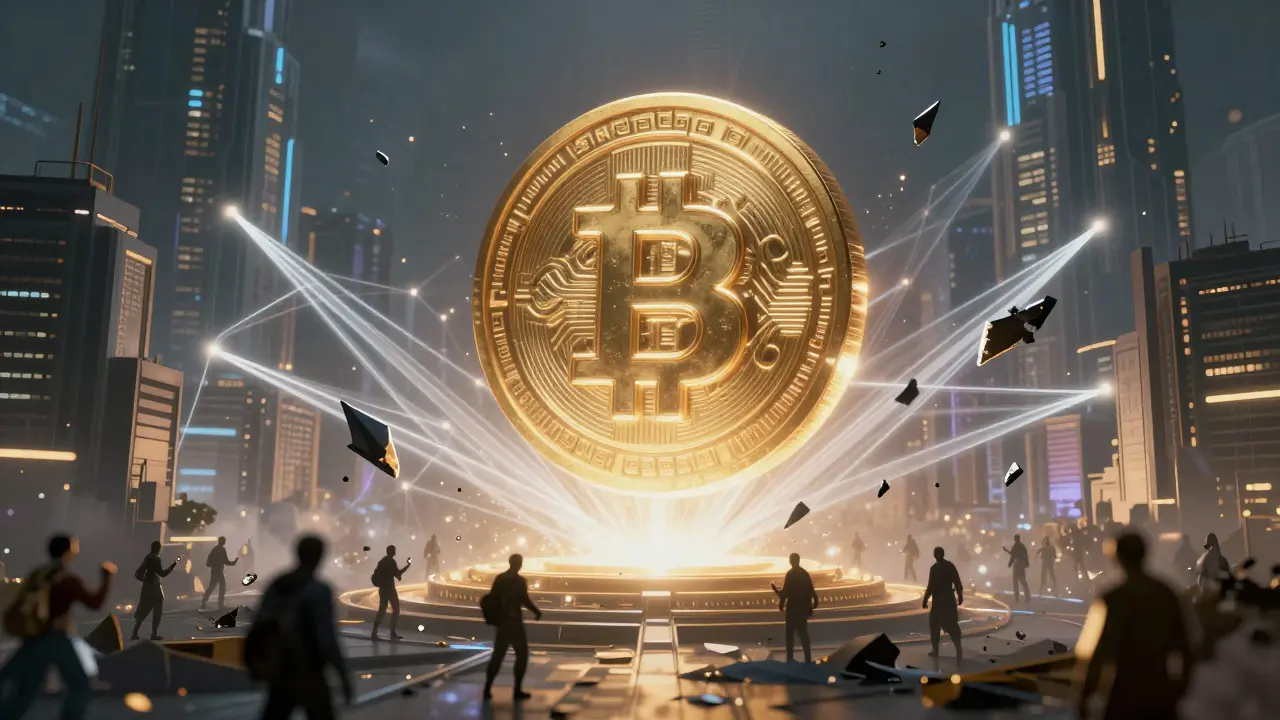Golden Digital Yuan construct overseeing a city while private crypto shards crumble below