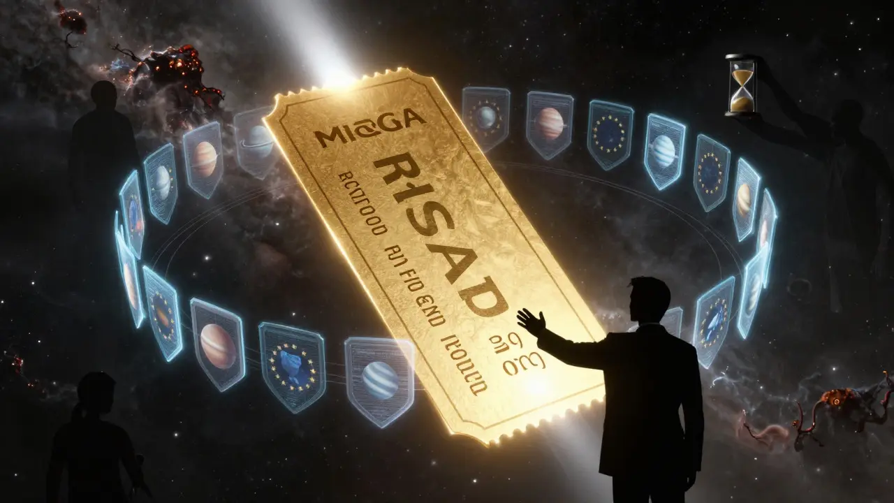 Golden passporting ticket glowing amidst shadows of grandfathering risks