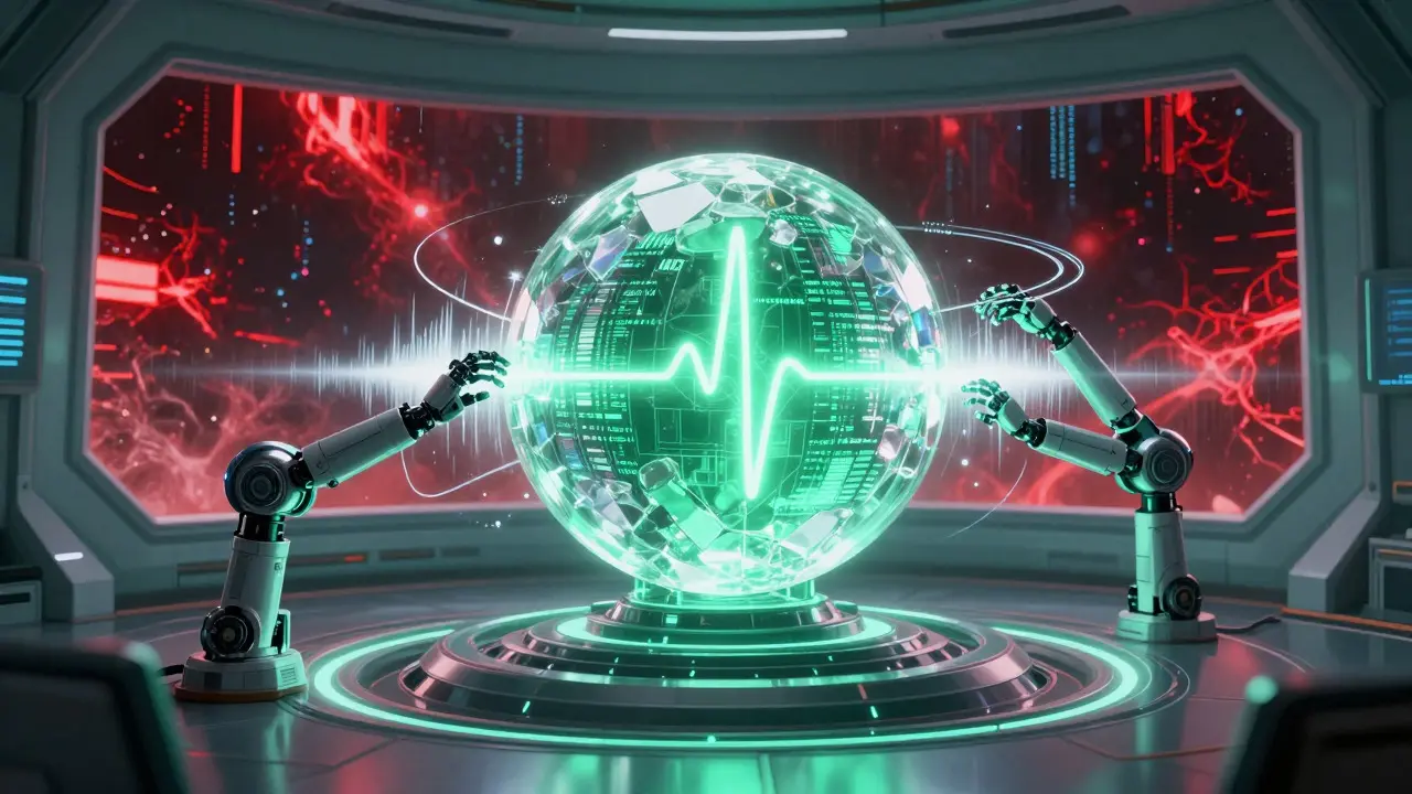 Green crystalline AI core in a station repelling red static energy with white light
