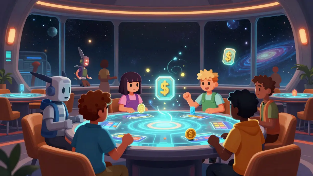 Group of pixel avatars playing games in a futuristic lounge with glowing tokens