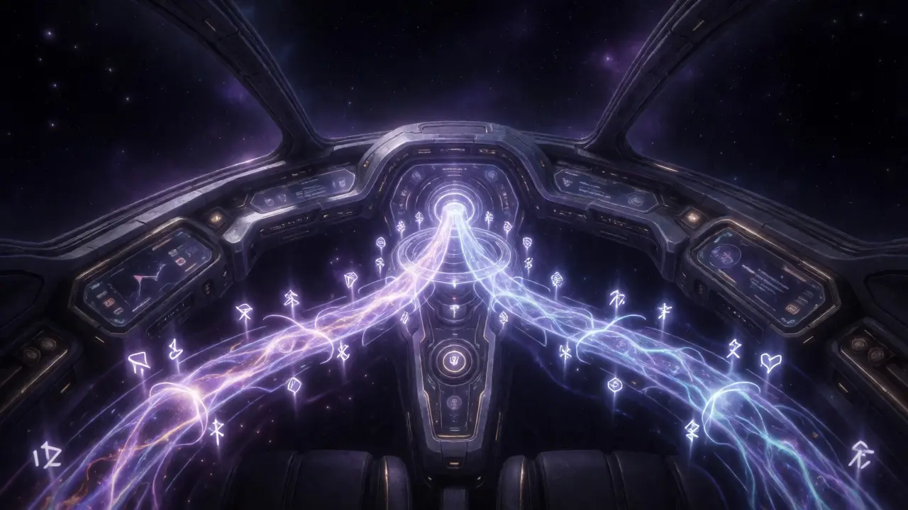 Holographic interface showing cross-chain swaps as merging energy conduits