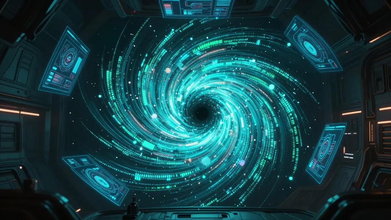 Holographic spiral vortex of cyan data streams inside a dark spaceship bridge representing token burn mechanics