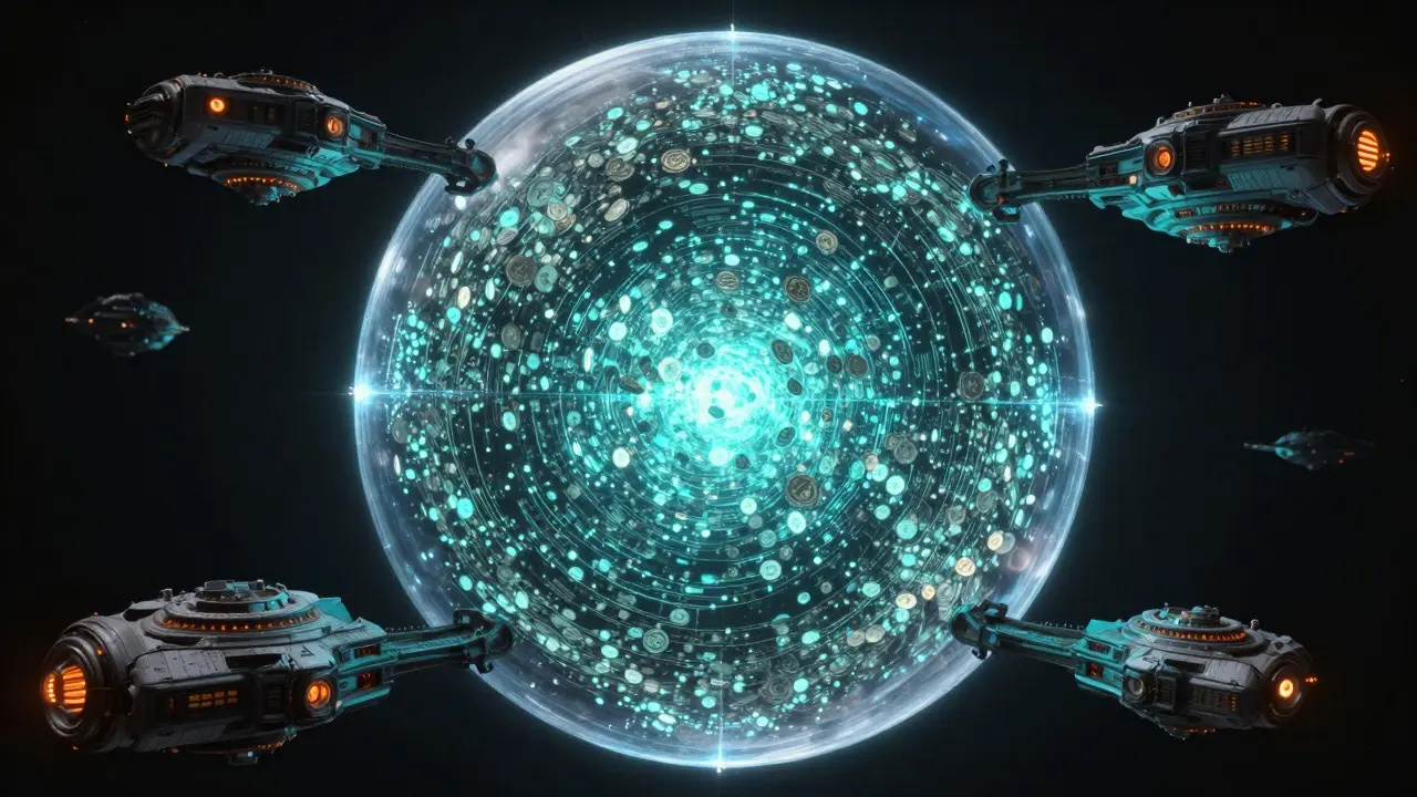 Huge sphere filled with tiny glowing coins surrounded by sci-fi trading ships