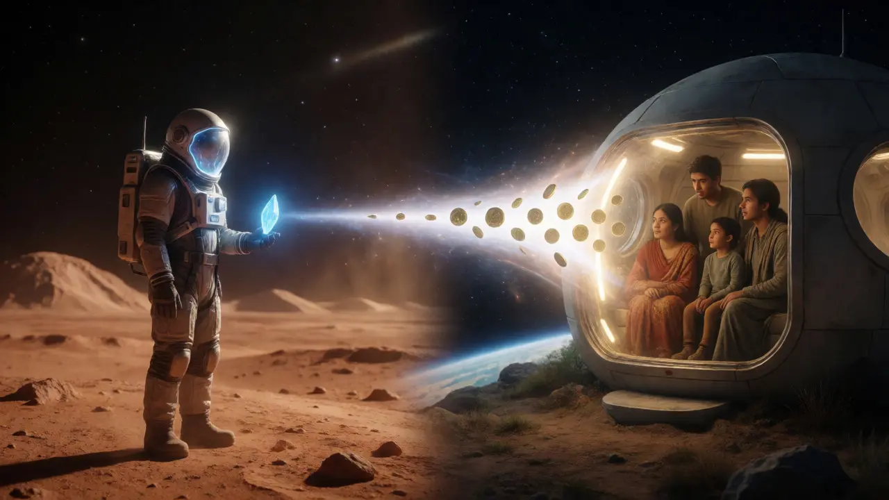 Interstellar remittance via light beam connecting worker to family