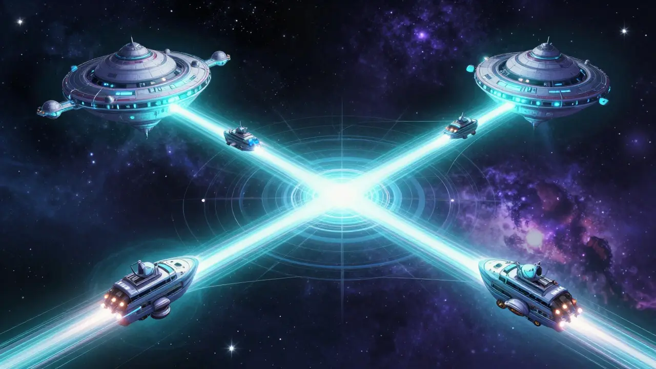 Interstellar trade routes connecting orbital stations via light beams