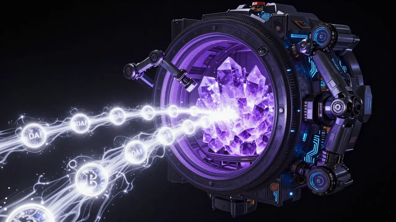 Mechanical space vault converting purple crystals into white energy orbs