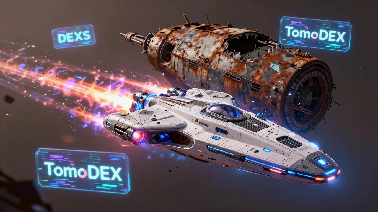 Modern starship flying past a rusted, abandoned space hulk with glitching holograms