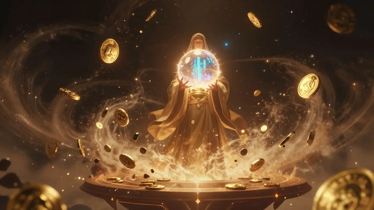 Mystical figure burning digital tokens into stardust in cosmic setting