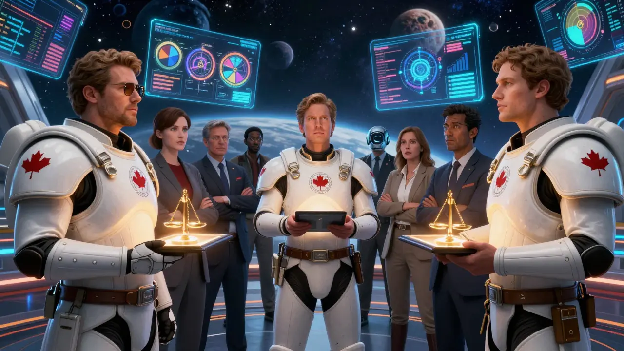 Orbital negotiation scene between regulators and crypto traders with holographic data