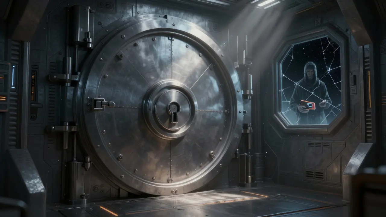Sealed vault in space station, highlighting hidden security and lack of transparency