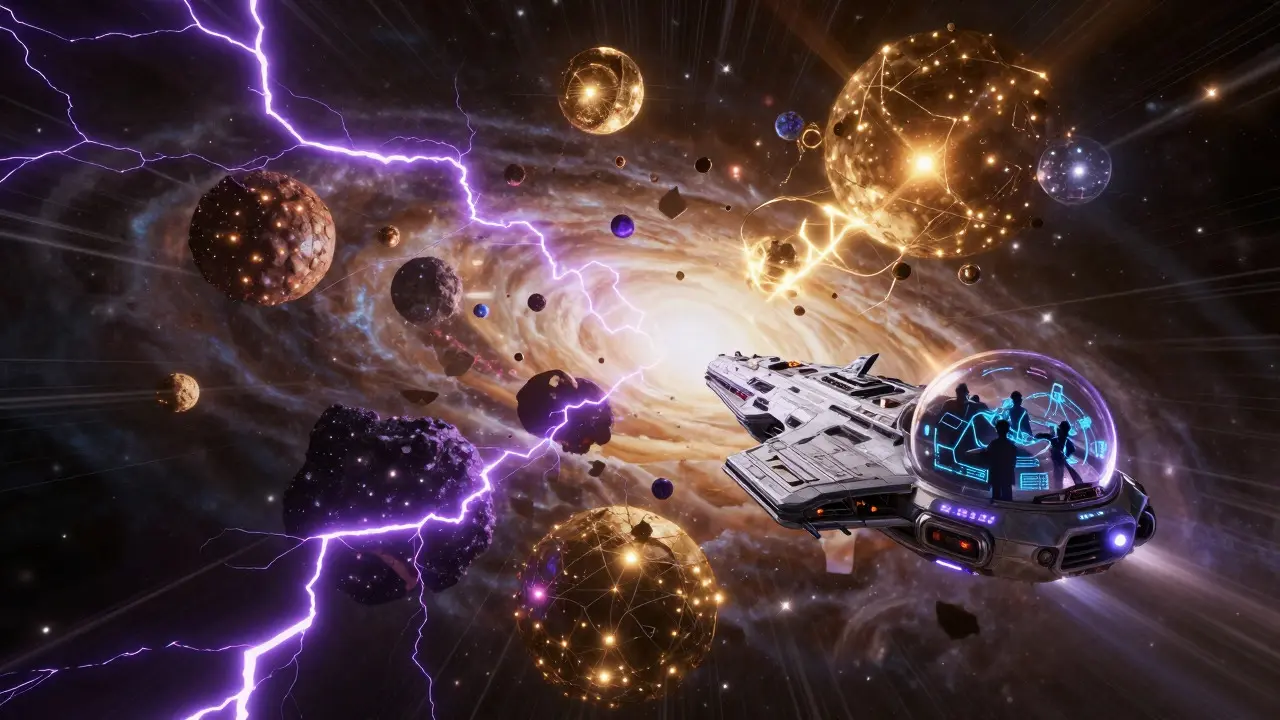 Silver spaceship navigating between conflicting star clusters emitting amber and purple light
