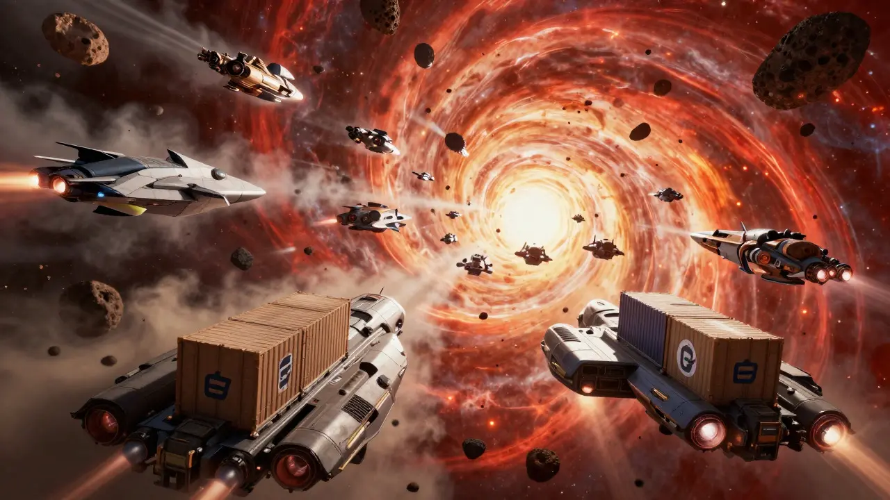 Spacecraft fleet navigating an asteroid field amidst swirling energy storms