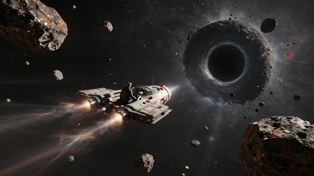 Spaceship navigating dangerous asteroid field representing market risks