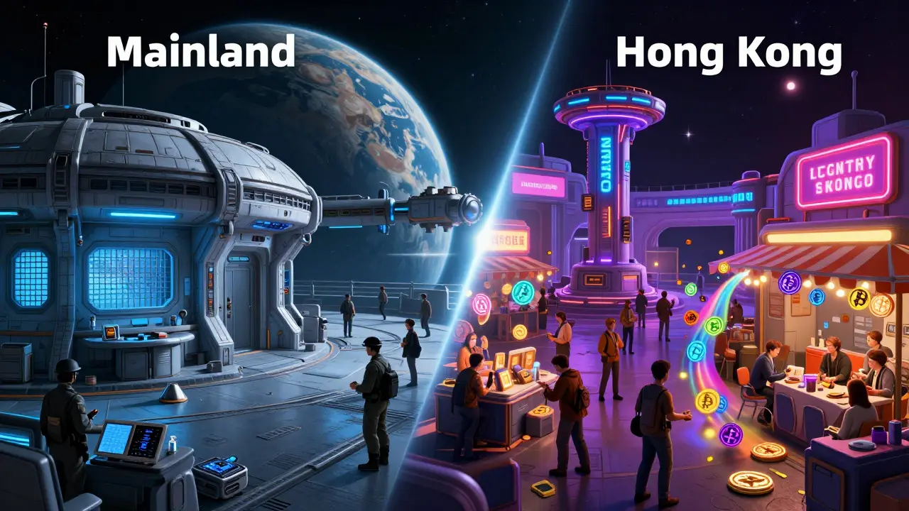 Split view of restricted Mainland station versus vibrant, licensed Hong Kong crypto hub