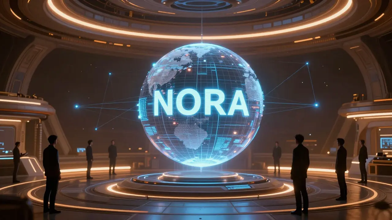 Stakeholders surrounding a glowing holographic token in a sci-fi governance chamber