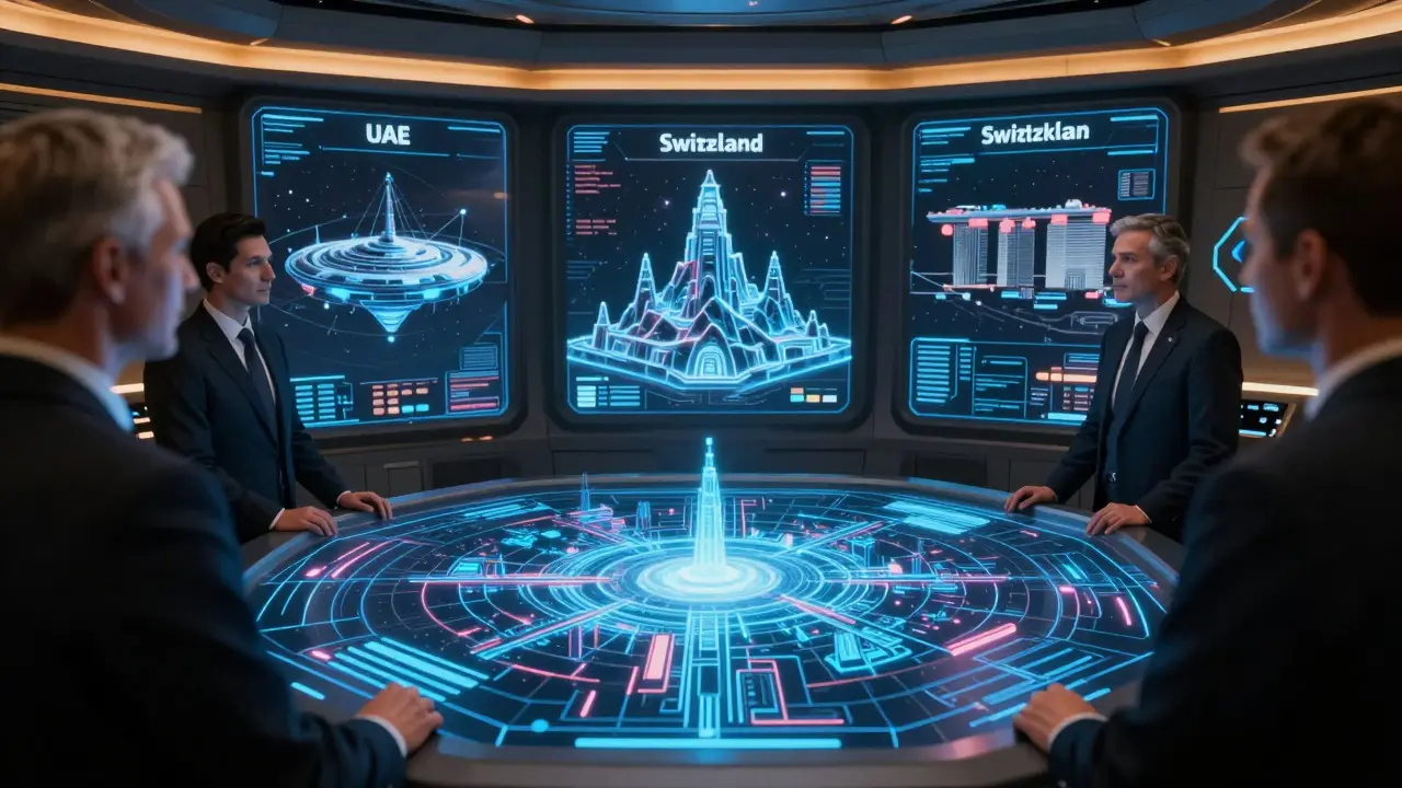Starship crew analyzing holographic models of different business hubs on a command deck
