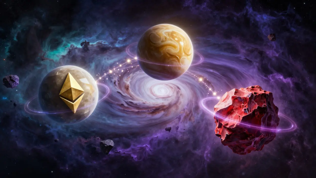 Three connected planets representing different blockchains with energy bridges between them