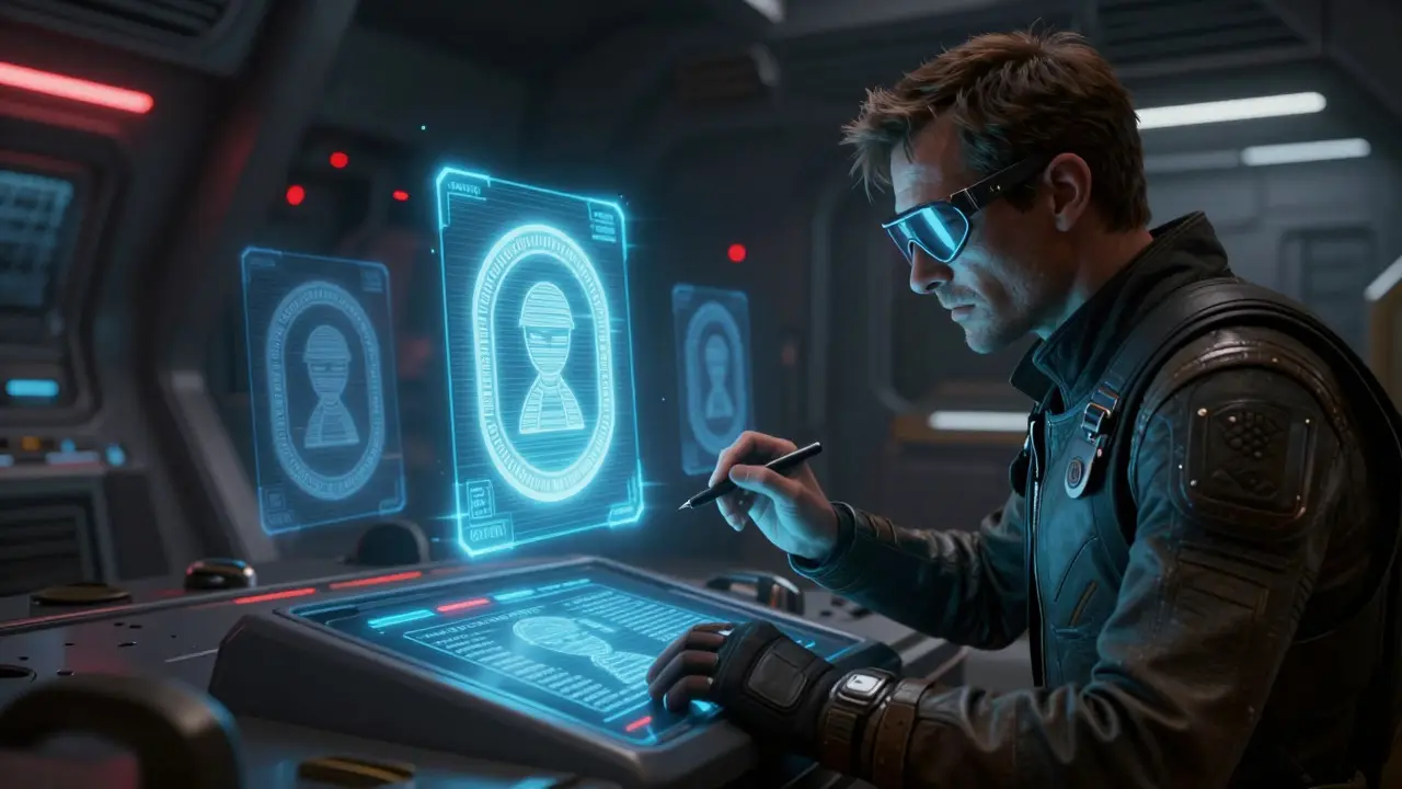 Trader inspecting three different holographic tokens in a spaceship cargo bay