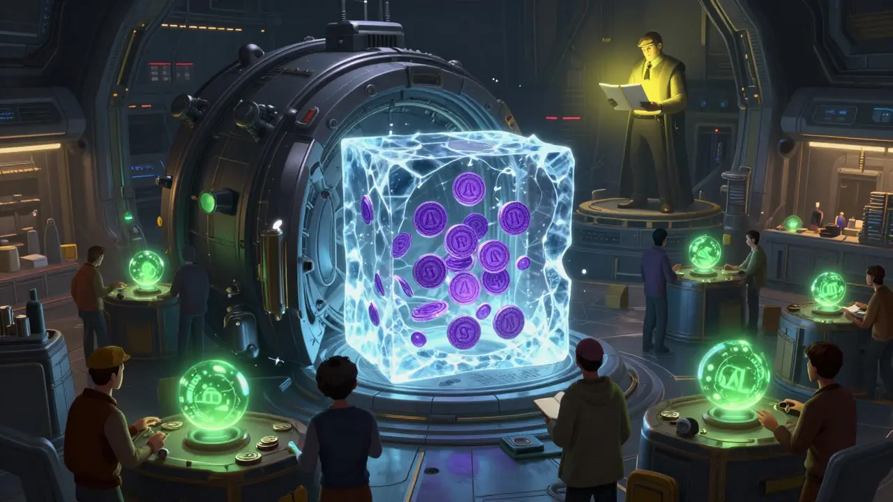 Traders swap tokens near a frozen vault in a sci-fi space market