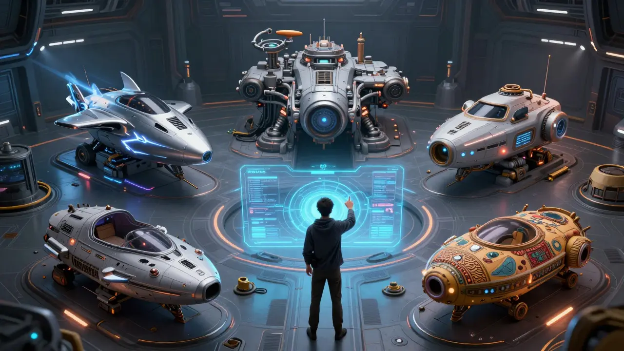 User selecting between five distinct futuristic starships in a hangar