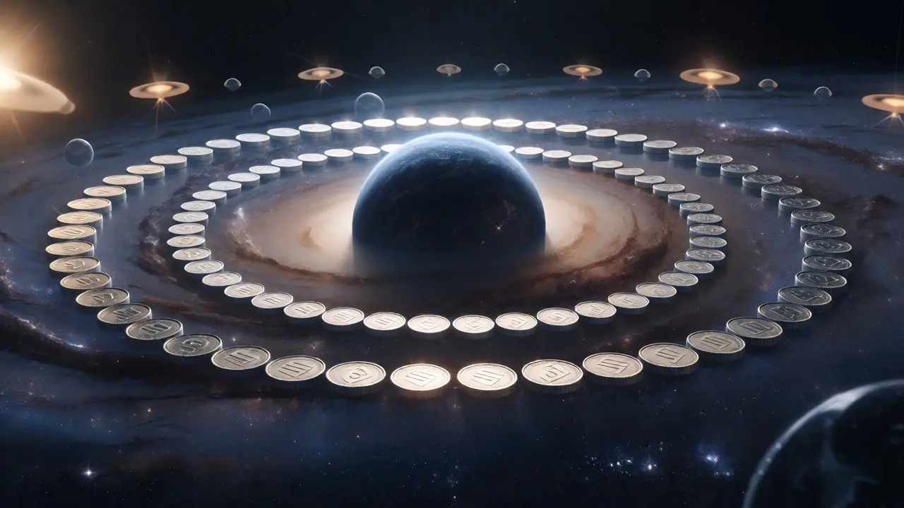 A fixed ring of silver coins orbits a planet in deep space.