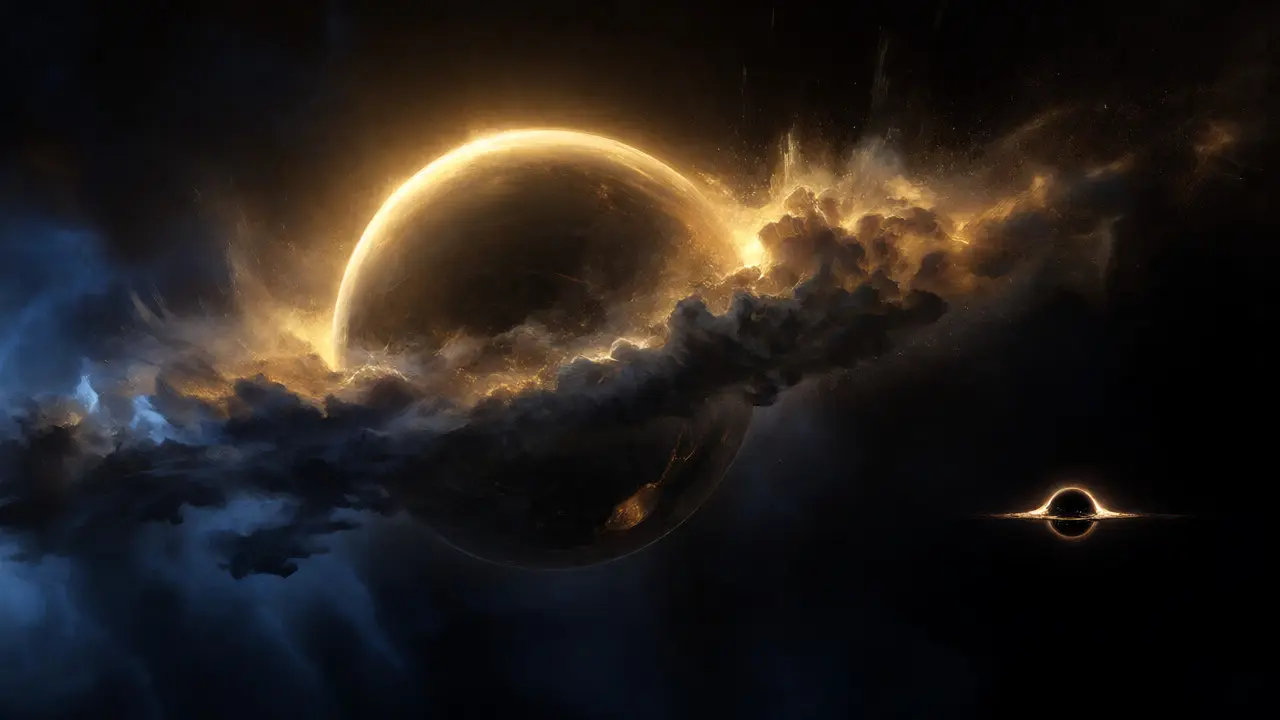 A golden planet exploding into dust against a dark nebula backdrop.