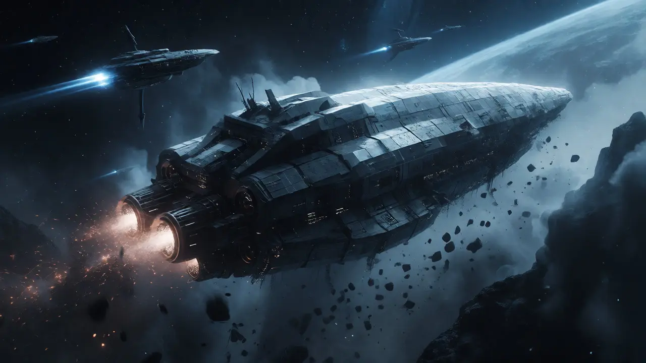 Abandoned, cracked spaceship drifting in dark space representing a failed project