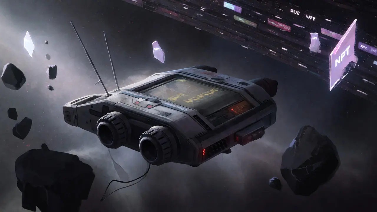 Abandoned crypto router ship drifting in a dark nebula surrounded by debris.