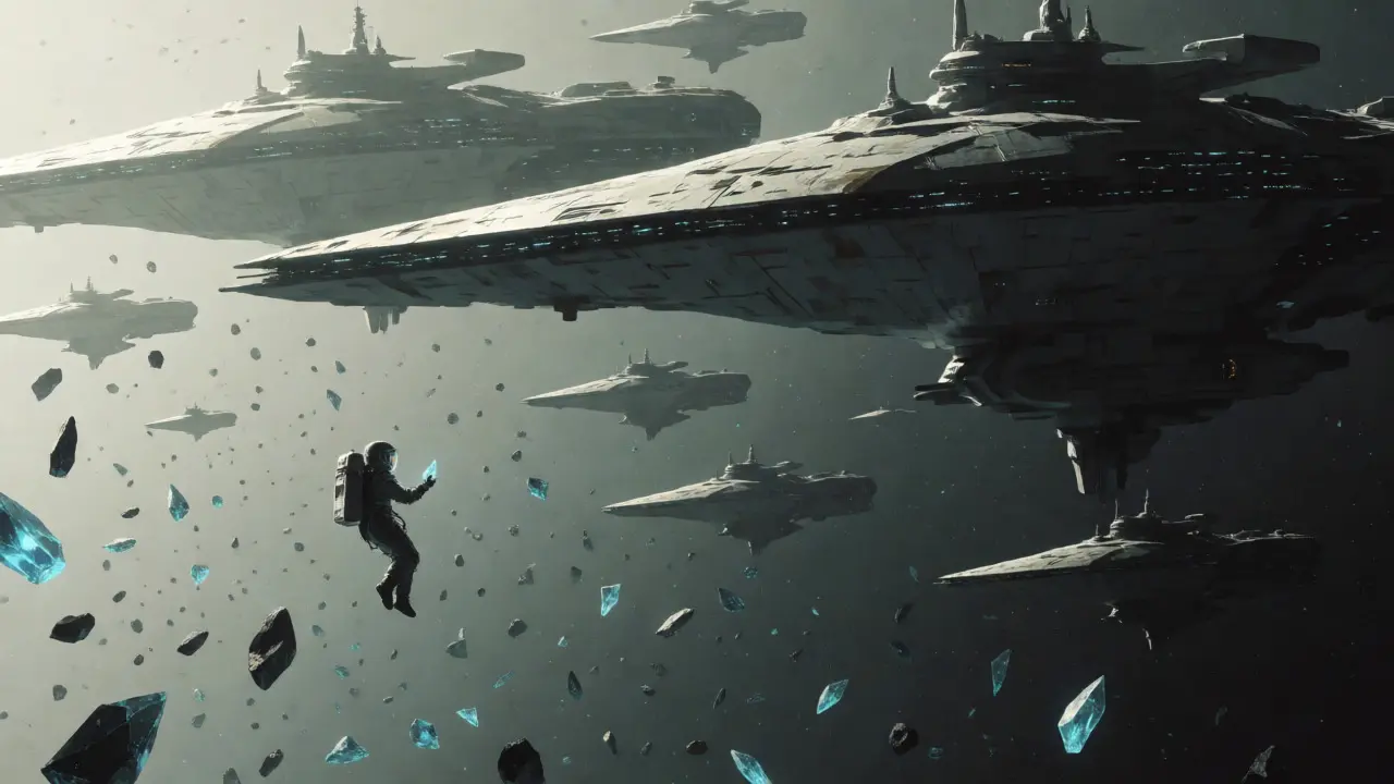 Abandoned starships drifting in dark space with scattered crystal shards.