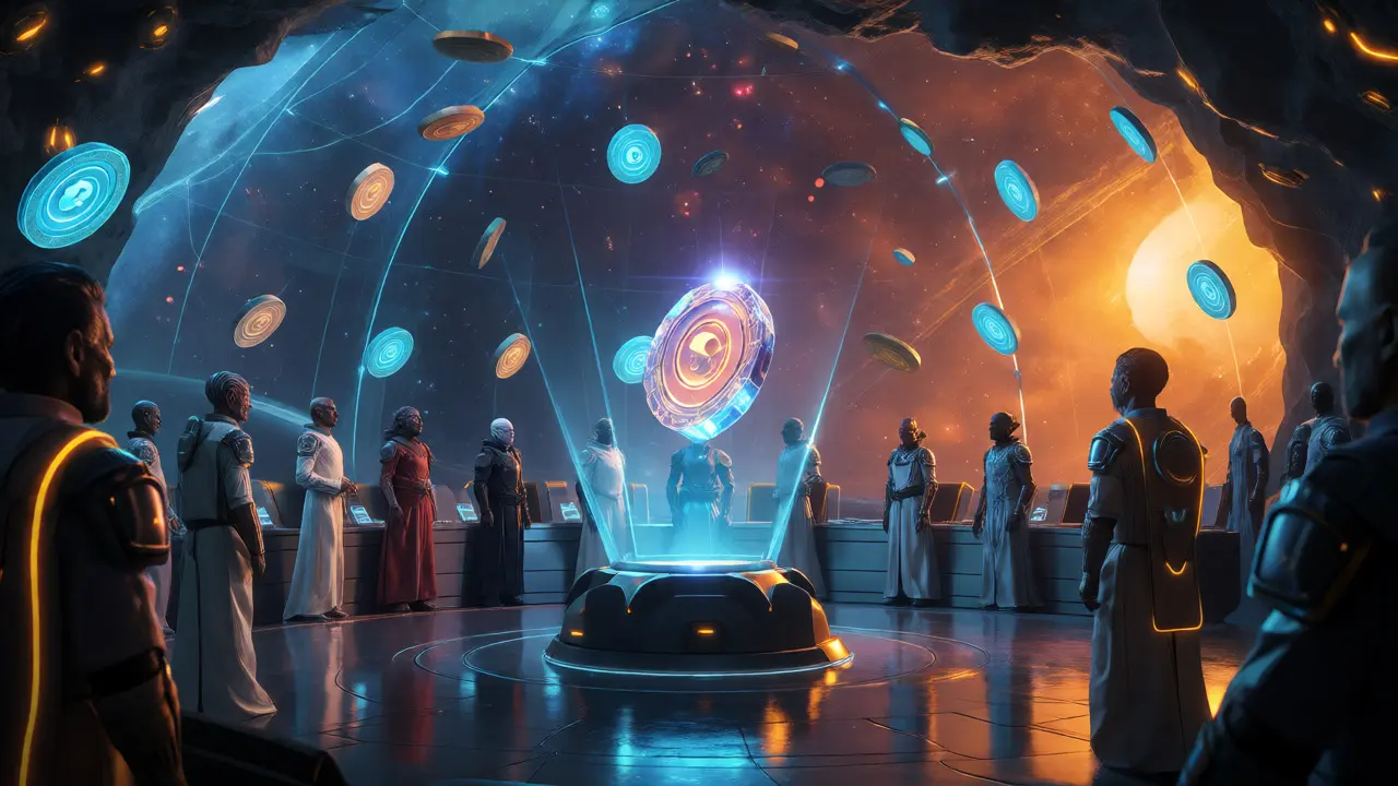 Alien delegates voting in a holographic space council chamber centered on a glowing token