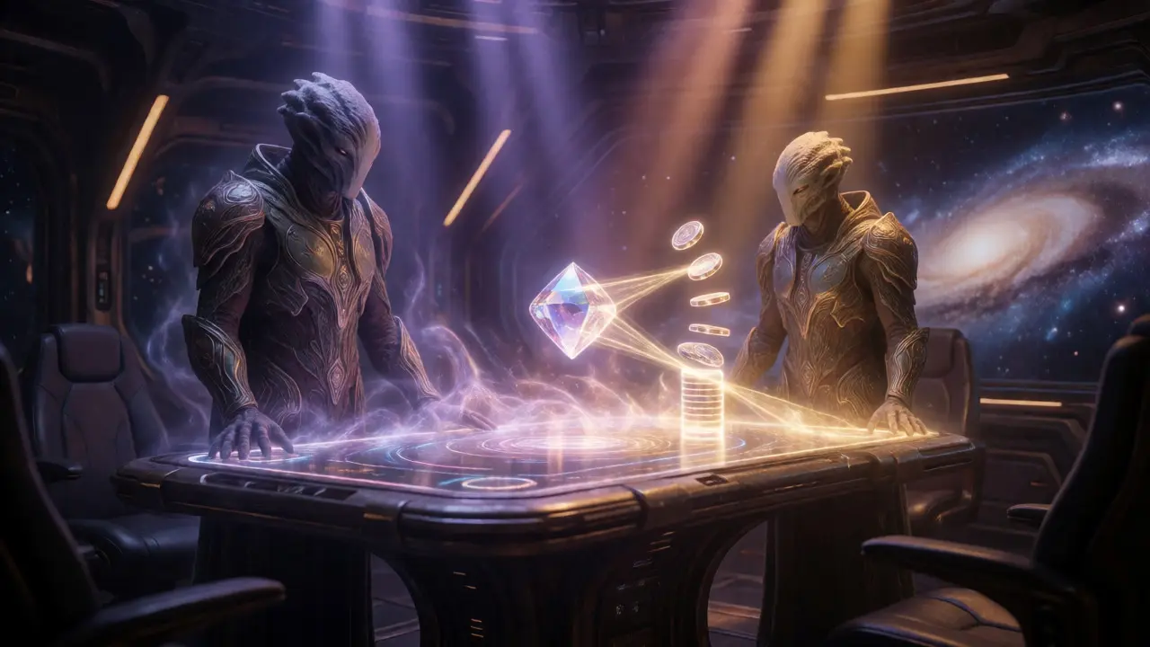 Alien traders exchanging a glowing gemstone and credits in a high-tech sci-fi chamber.