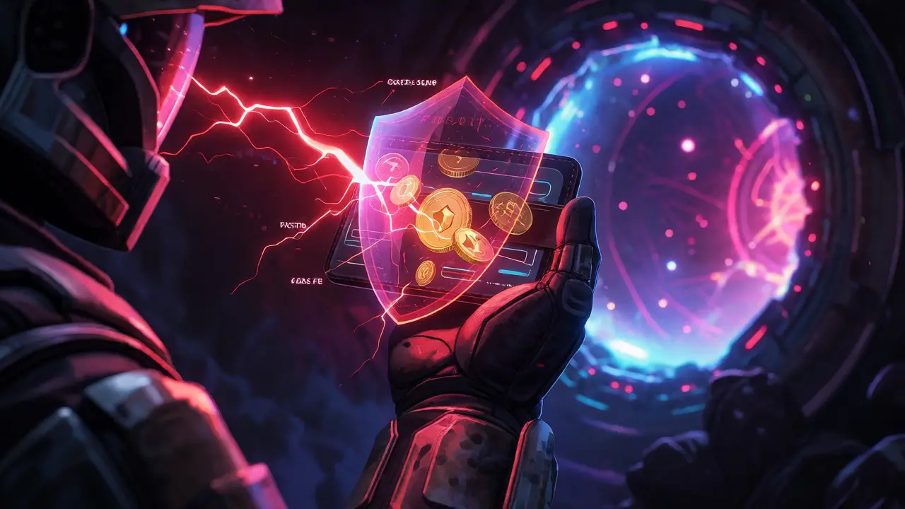 An armored explorer using a holographic shield to filter out scams while collecting tokens.