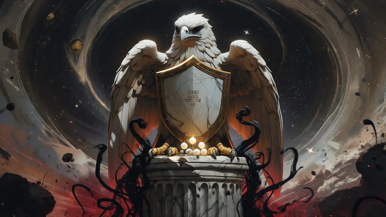 Armored falcon statue guarding glowing orbs against creeping dark shadows in space.