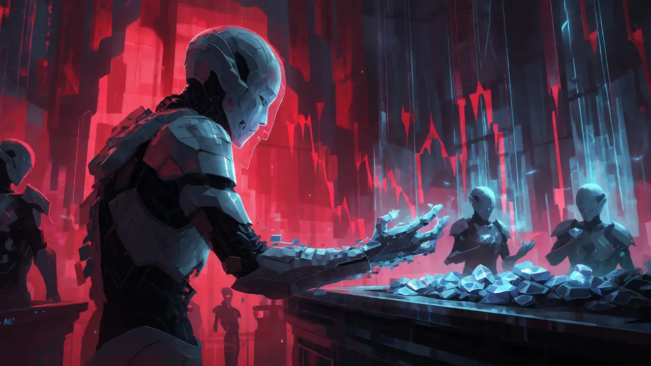 Armored trader with paper hands sells crystals amid red holographic charts.