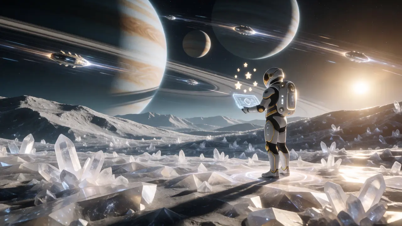 Astronaut on a crystalline moon collecting glowing point tokens under gas giants.