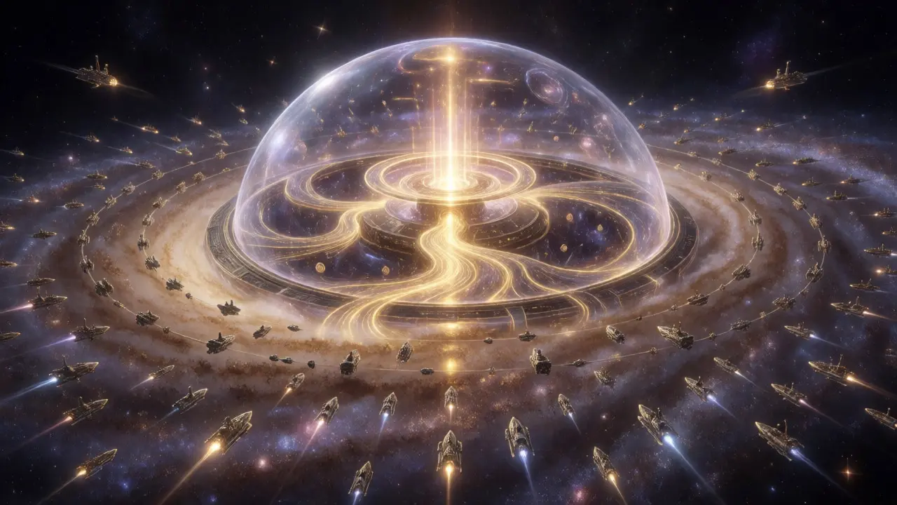 Celestial vault absorbing energy beams as user ships orbit in stable formation.
