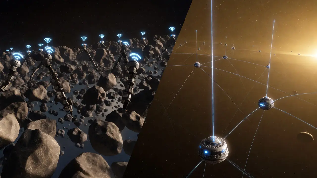 Comparison of short-range Wi-Fi beacons versus long-range galactic relay stations.
