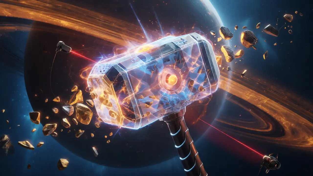 Crystal Mjolnir hammer floating in space being scanned