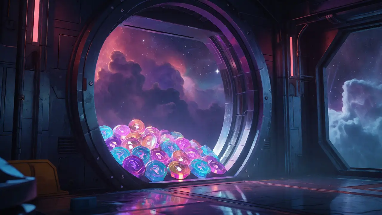 Crystalline coins being secured in a futuristic vault, illustrating the importance of safe storage.