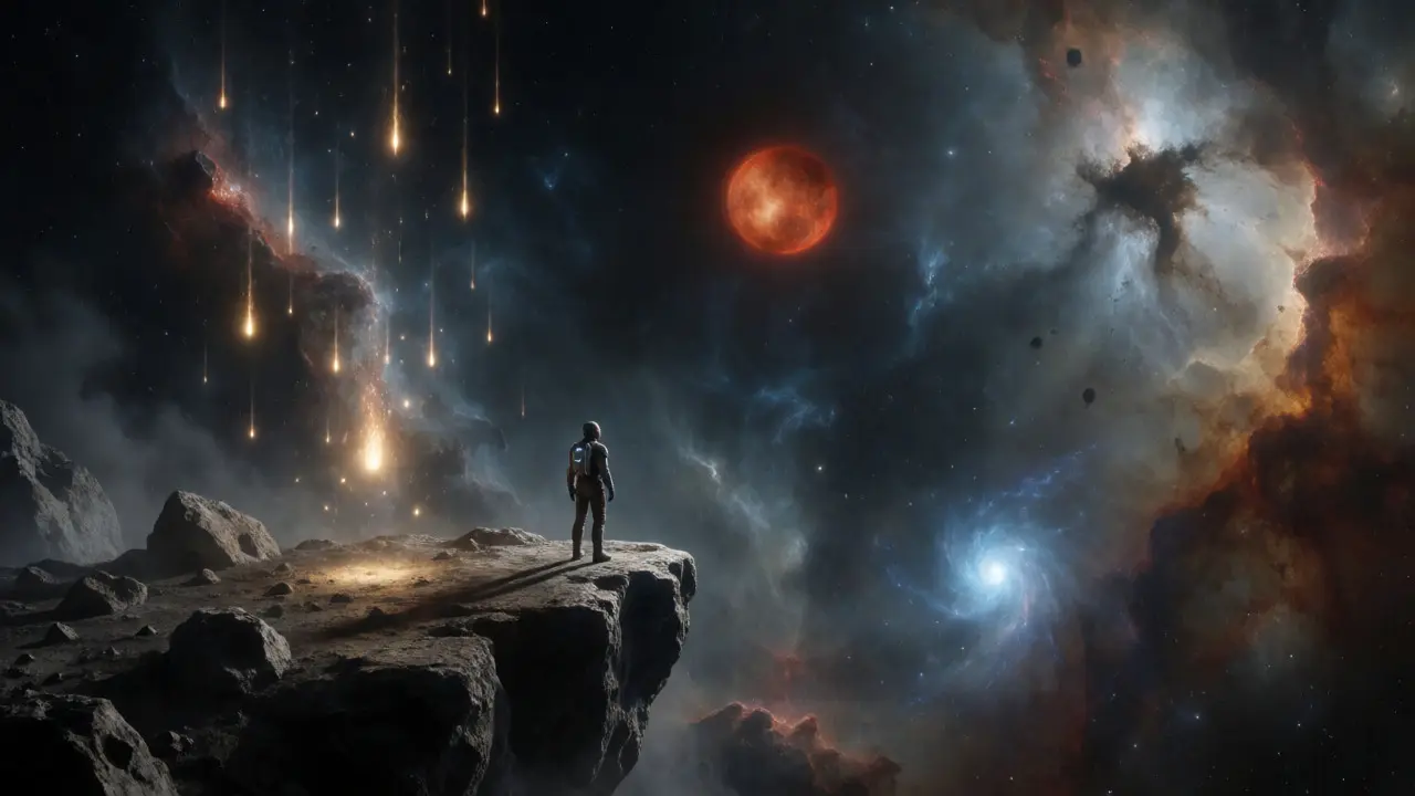 Explorer on an asteroid watching a red dwarf star and incoming airdrop capsules.