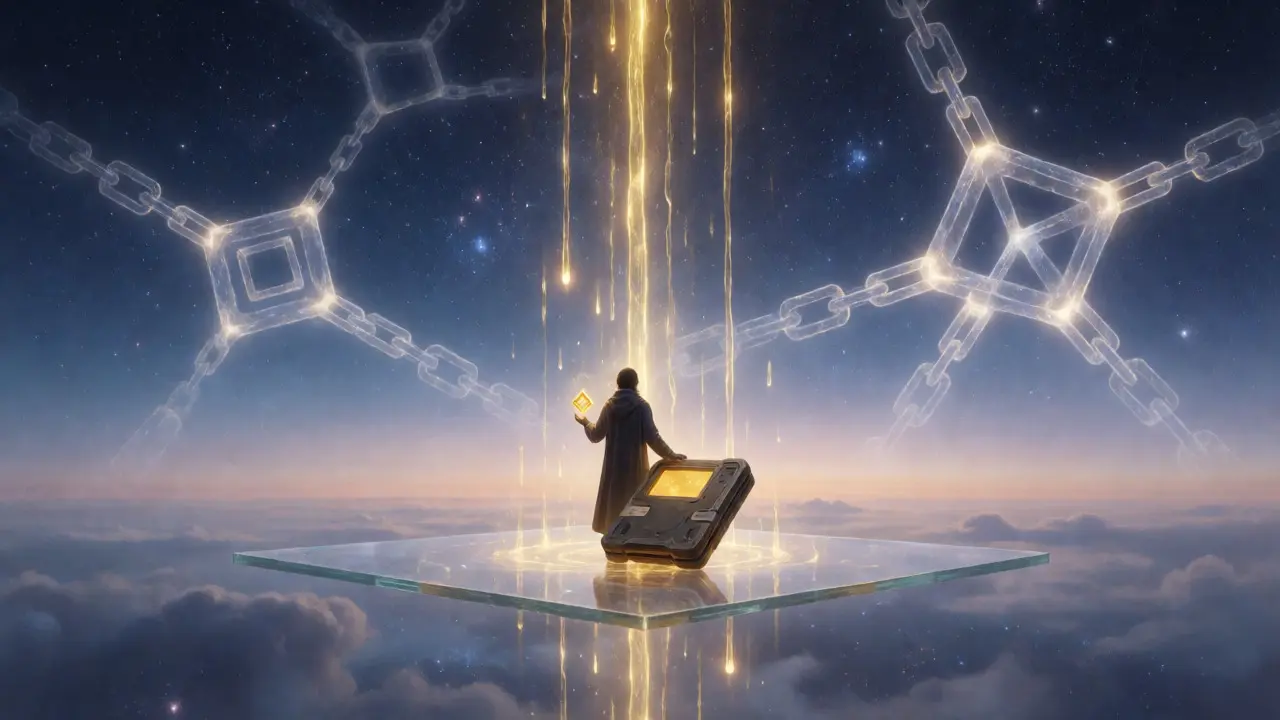 Figure on glass platform collecting golden rain into a digital wallet