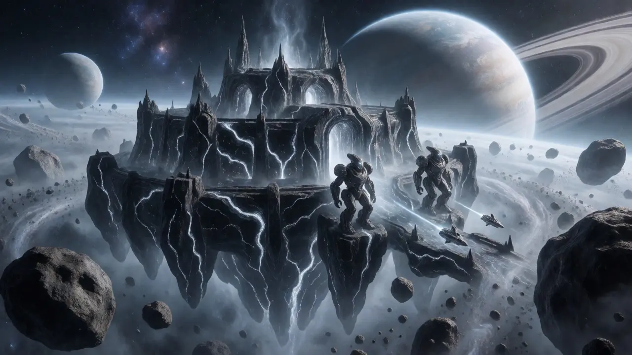 Fortified cosmic fortress guarding digital assets in an asteroid belt