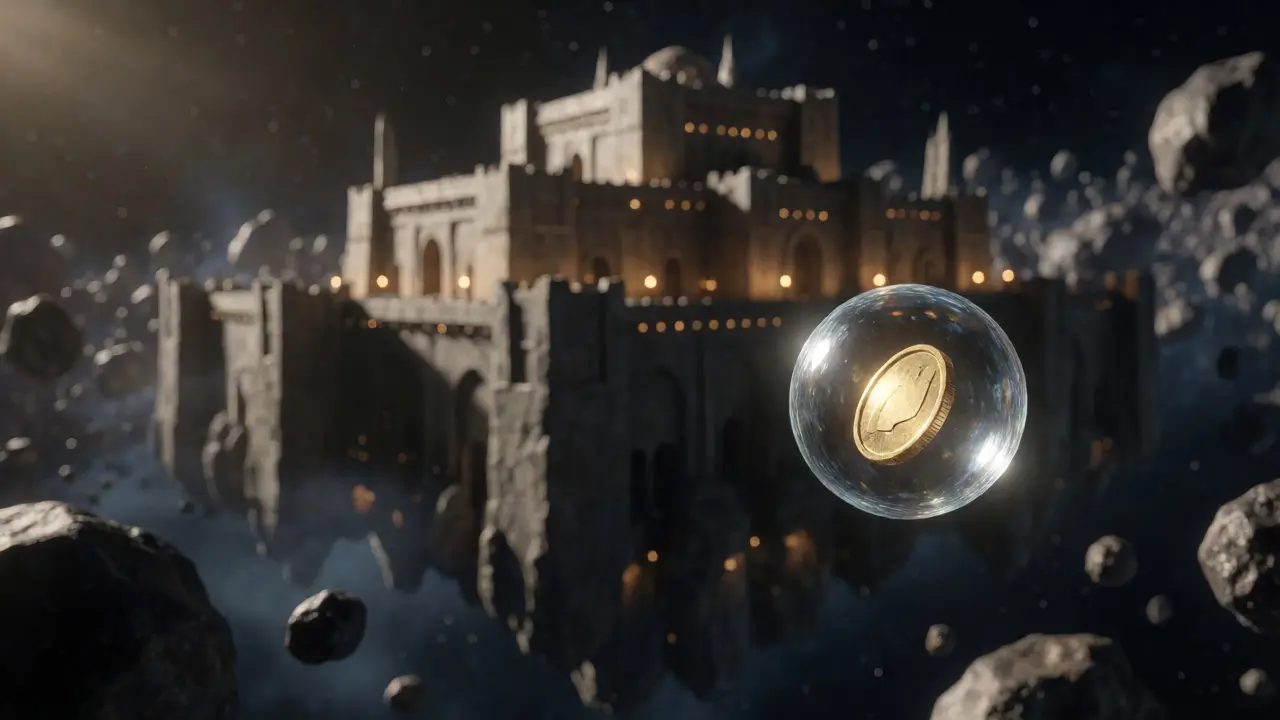 Fragile glass sphere drifting near a solid fortress in an asteroid belt