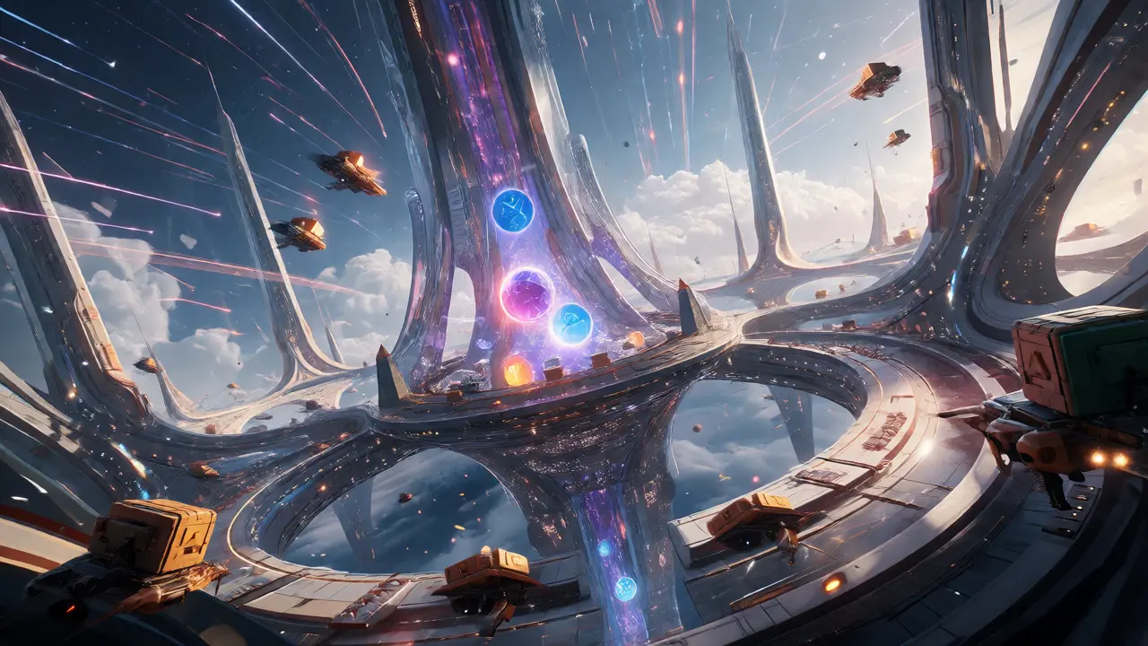 Futuristic orbital city with spacecraft transporting digital assets through an energy vortex